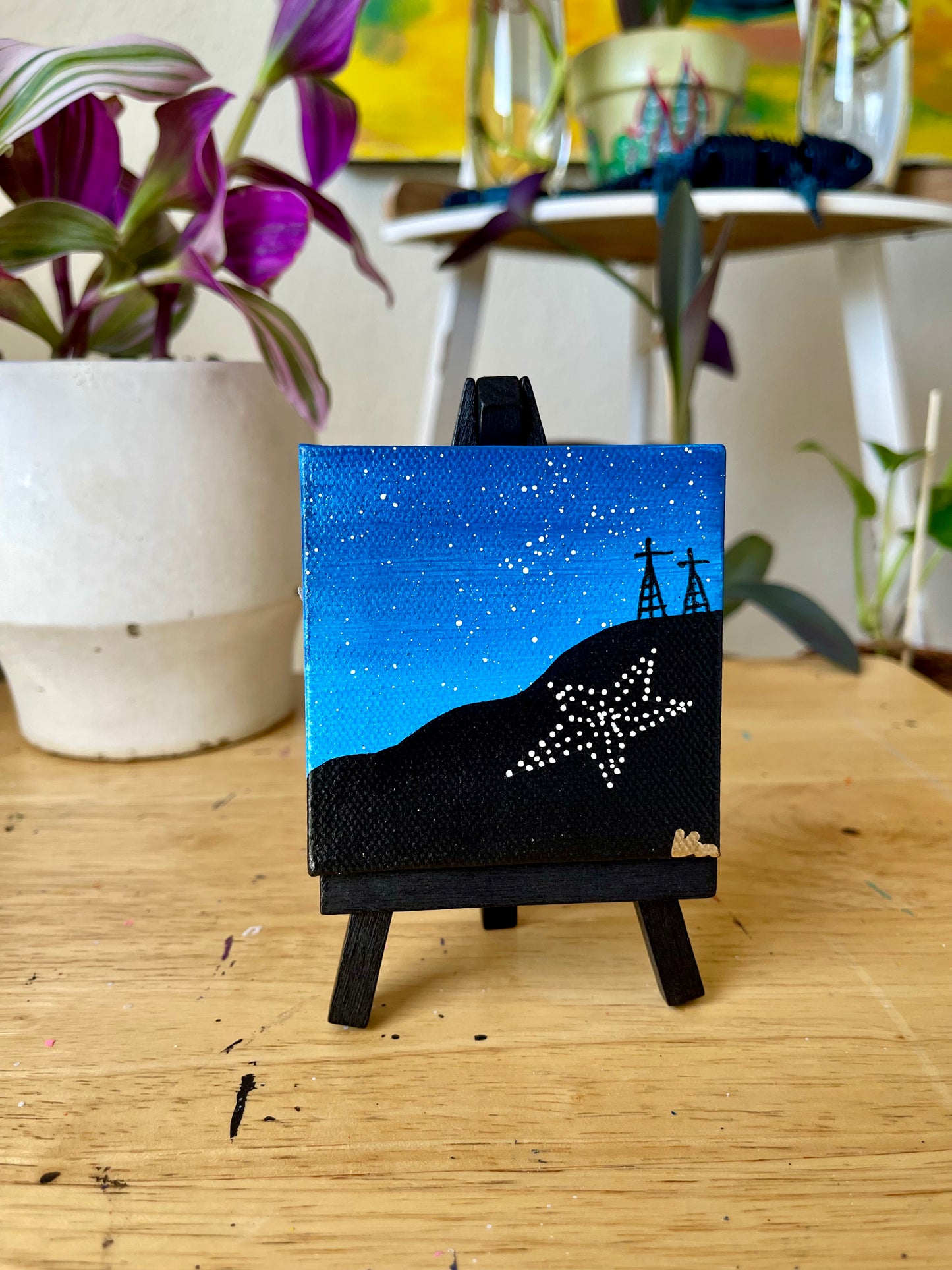 Blue Sunset Painting on Mini Canvas with Easel