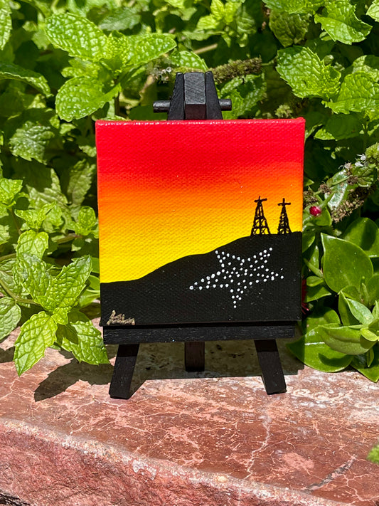 Orange Sunset Painting on Mini Canvas with Easel